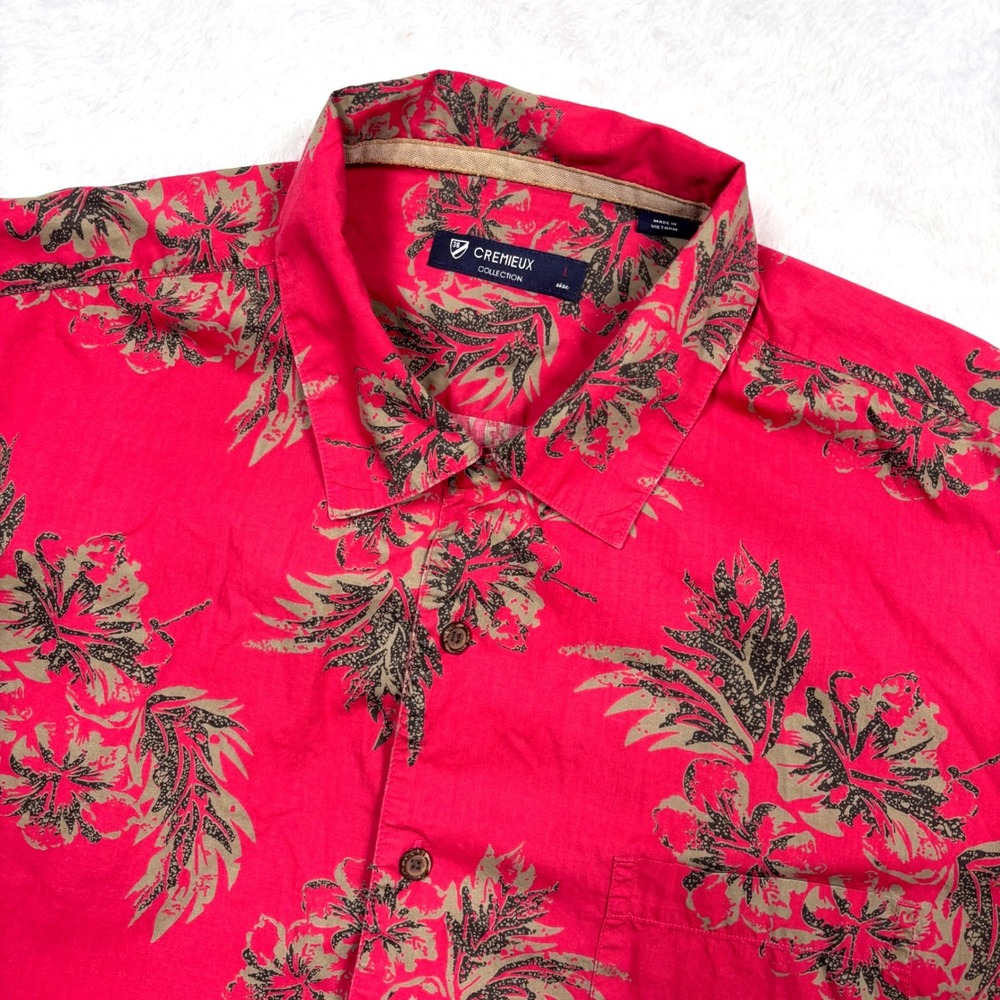 Cremieux‎ Button Shirt Mens L Red Floral Hibiscus Hawaii LOOP COLLAR Camp Beach
